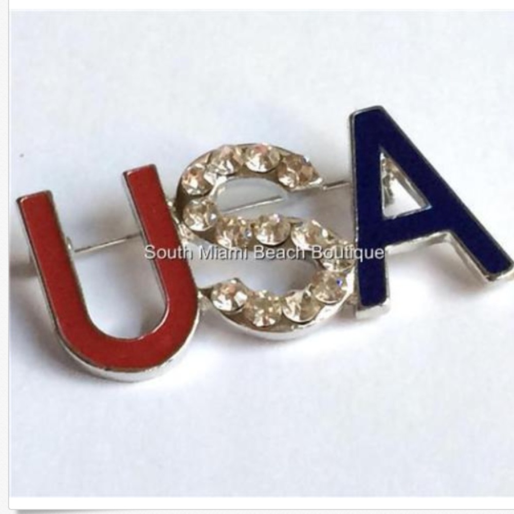 Silver Plated USA Flag Pin Brooch Crystal Patriotic US American Patriotic July 4